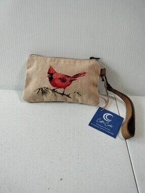 Cott N Curls NWT Red Cardinal Cotton Leather Tan Wristlet Cosmetic Bag Travel